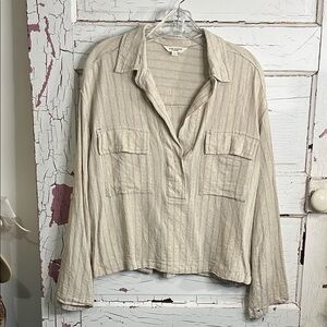 Max Studio Beige Button Down Shirt Roll Cuff Sleeves Rayon Linen Blnd Pin Stripe
